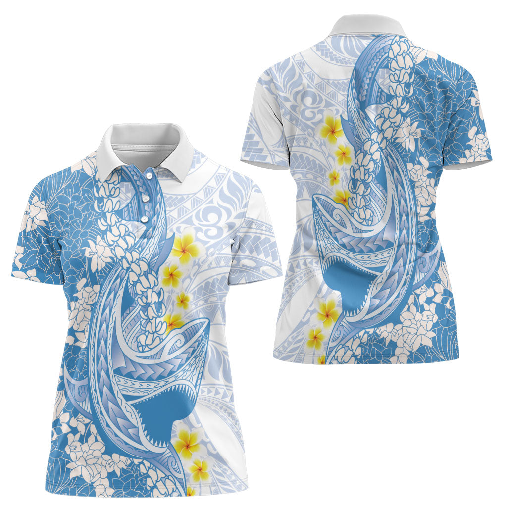 Blue Hawaii Shark Tattoo Women Polo Shirt Puakenikeni Lei Plumeria Polynesian Pattern
