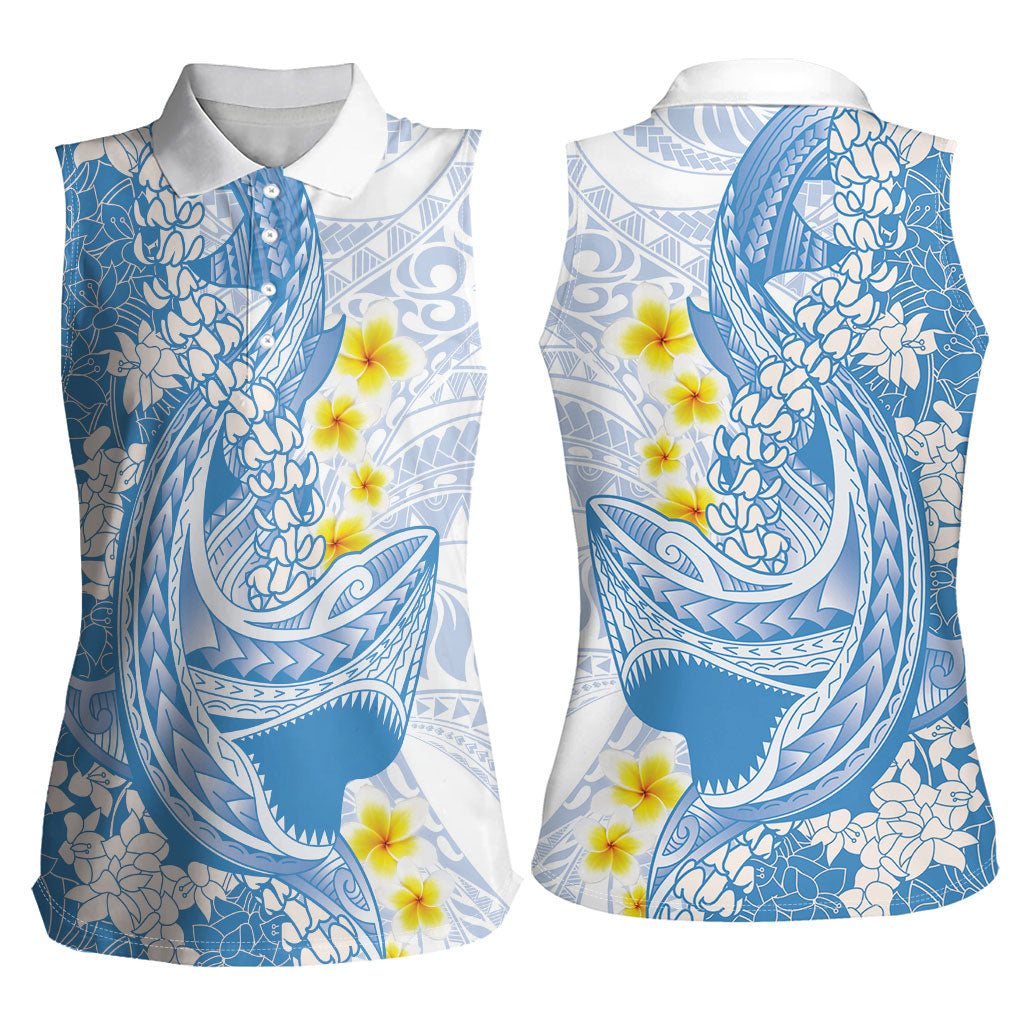 Blue Hawaii Shark Tattoo Women Sleeveless Polo Shirt Puakenikeni Lei Plumeria Polynesian Pattern LT14 - Polynesian Pride