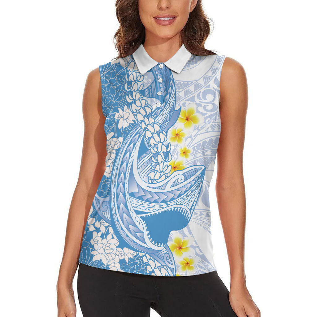 Blue Hawaii Shark Tattoo Women Sleeveless Polo Shirt Puakenikeni Lei Plumeria Polynesian Pattern LT14 - Polynesian Pride