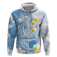 Blue Hawaii Shark Tattoo Zip Hoodie Puakenikeni Lei Plumeria Polynesian Pattern