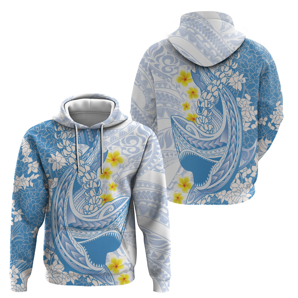 Blue Hawaii Shark Tattoo Zip Hoodie Puakenikeni Lei Plumeria Polynesian Pattern
