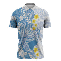 Blue Hawaii Shark Tattoo Zipper Polo Shirt Puakenikeni Lei Plumeria Polynesian Pattern LT14 Blue - Polynesian Pride