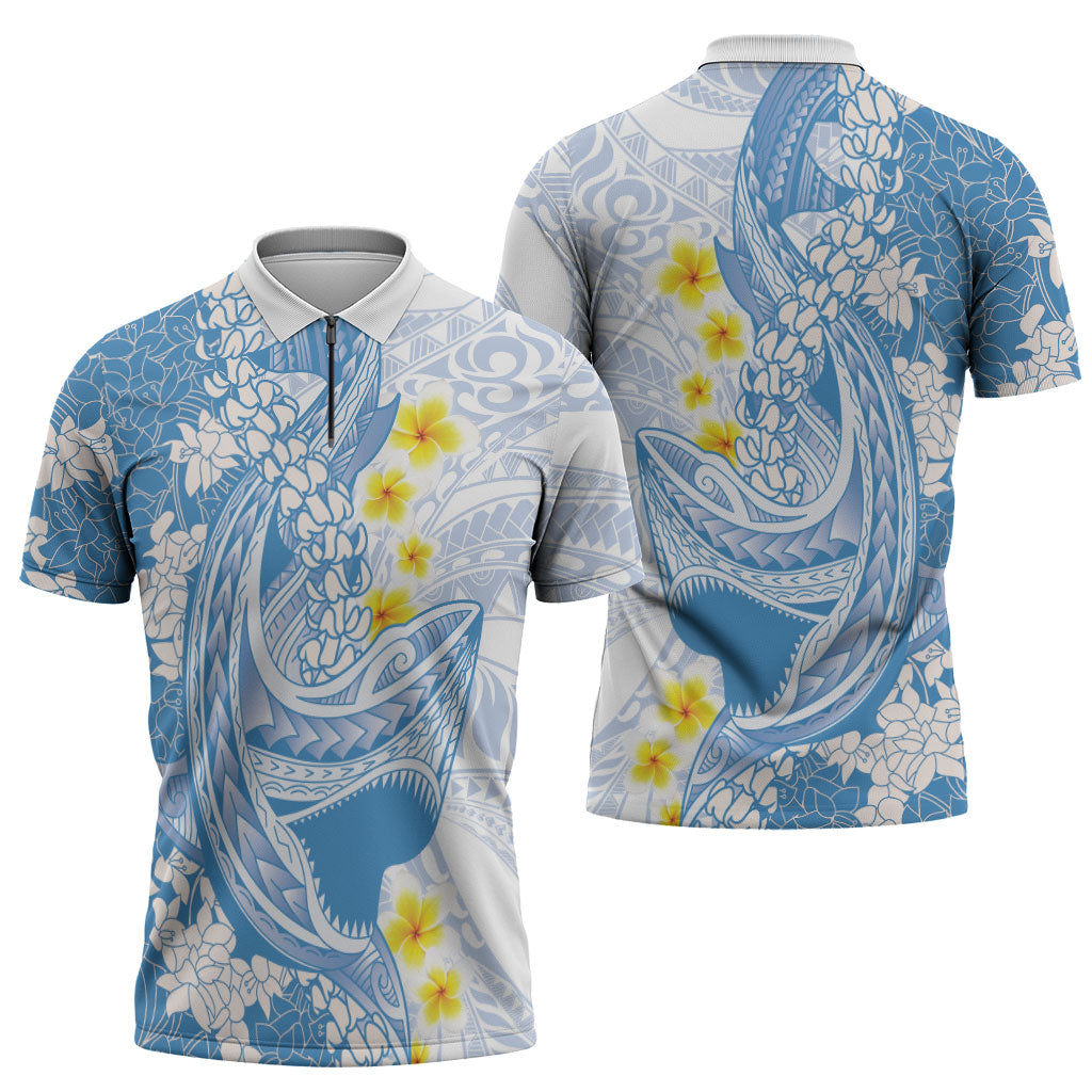 Blue Hawaii Shark Tattoo Zipper Polo Shirt Puakenikeni Lei Plumeria Polynesian Pattern LT14 - Polynesian Pride