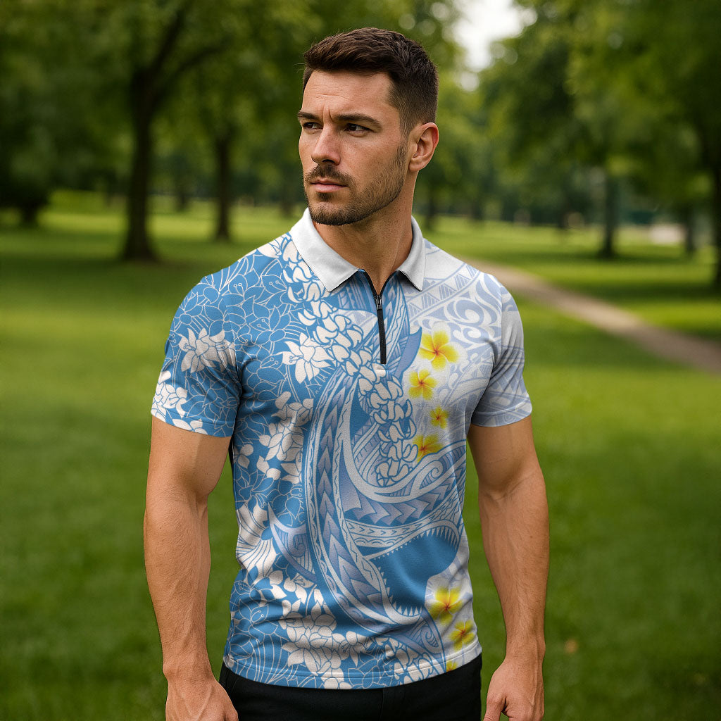 Blue Hawaii Shark Tattoo Zipper Polo Shirt Puakenikeni Lei Plumeria Polynesian Pattern LT14 - Polynesian Pride