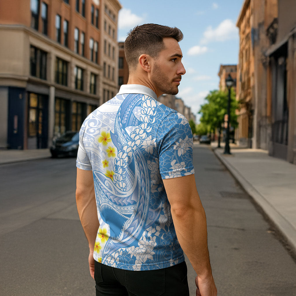 Blue Hawaii Shark Tattoo Zipper Polo Shirt Puakenikeni Lei Plumeria Polynesian Pattern LT14 - Polynesian Pride