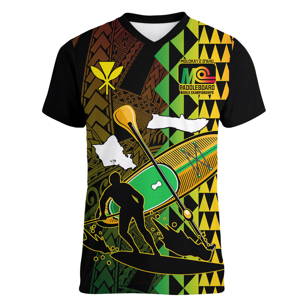 Paddle Board Hawaii Women V Neck T Shirt Molokai 2 Oahu World Championships Kakau Pattern LT14 Female Black - Polynesian Pride
