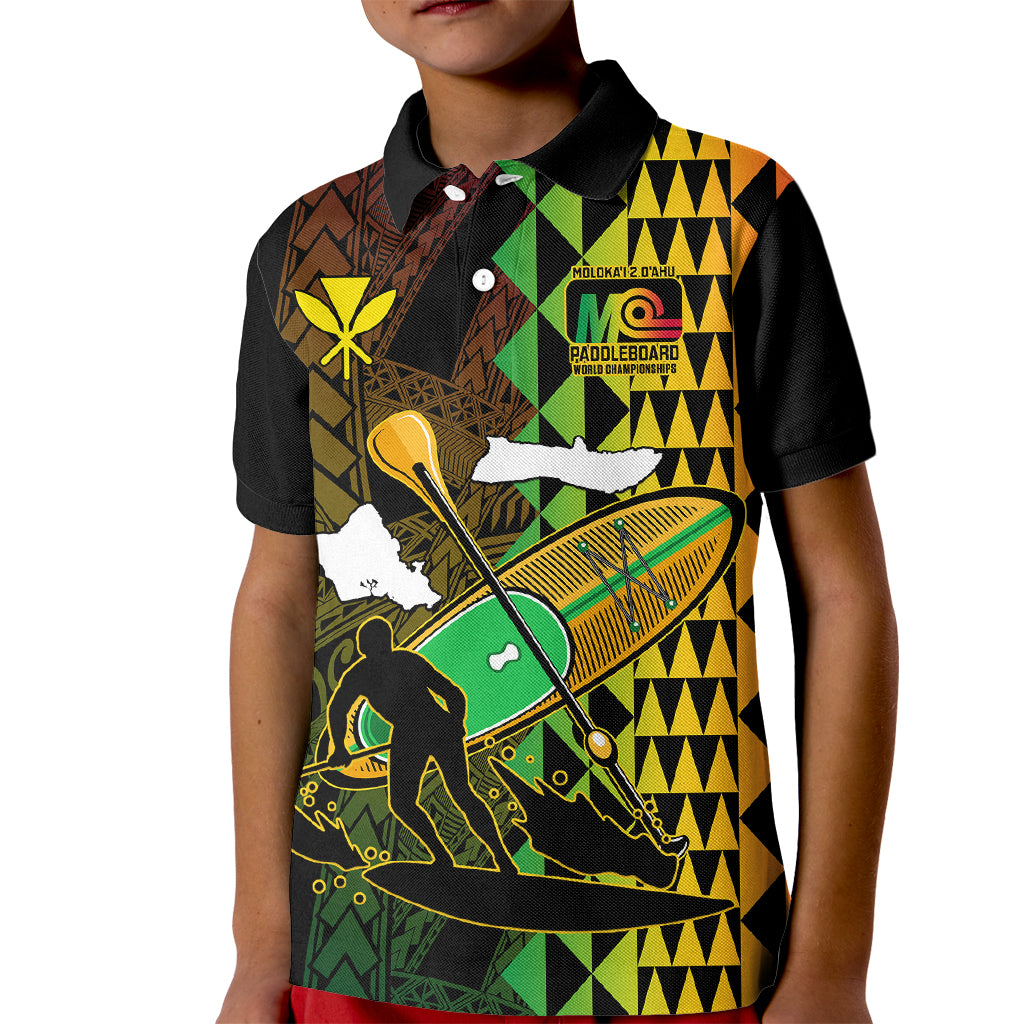 Personalised Paddle Board Hawaii Kid Polo Shirt Molokai 2 Oahu World Championships Kakau Pattern LT14 Kid Black - Polynesian Pride