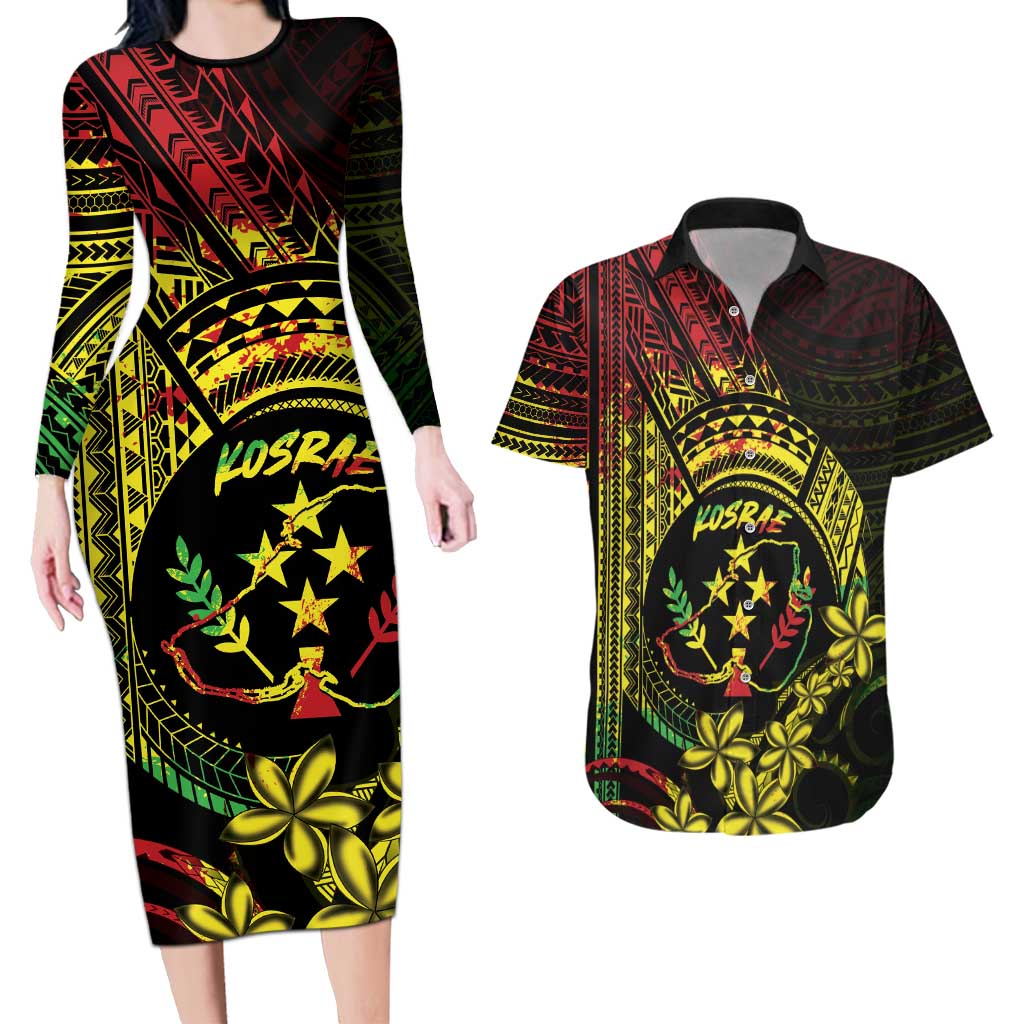 Reggae Kosrae Liberation Day Couples Matching Long Sleeve Bodycon Dress and Hawaiian Shirt September 8 Polynesian Tattoo - Polynesian Pride