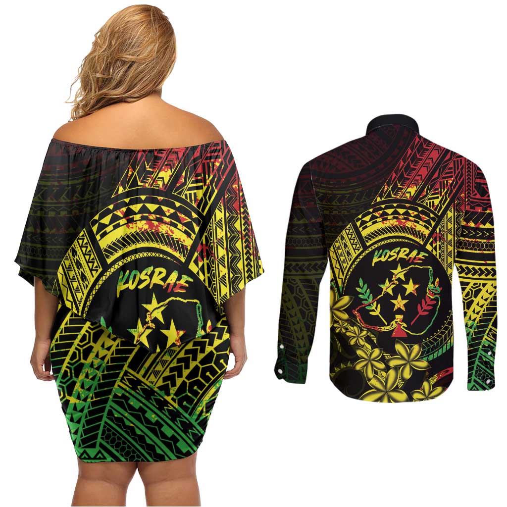 Reggae Kosrae Liberation Day Couples Matching Off Shoulder Short Dress and Long Sleeve Button Shirt September 8 Polynesian Tattoo - Polynesian Pride