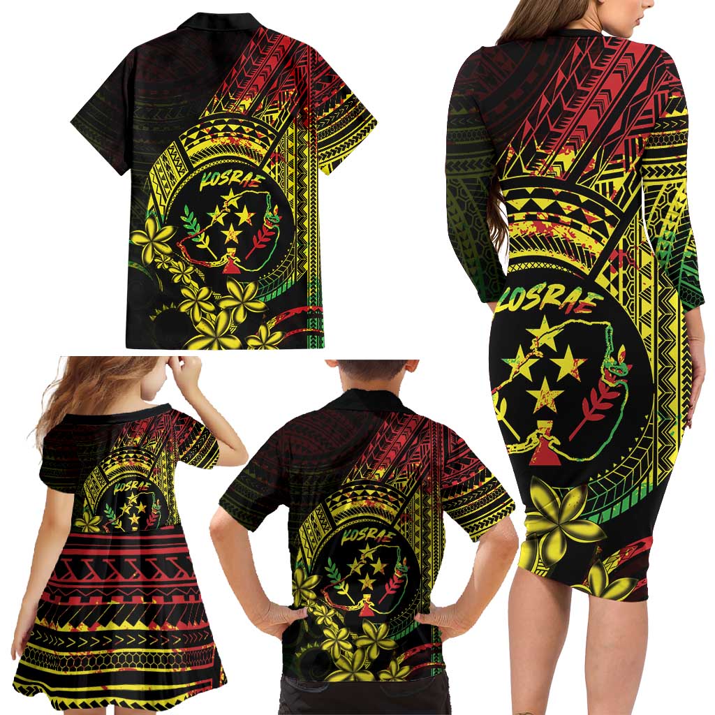 Reggae Kosrae Liberation Day Family Matching Long Sleeve Bodycon Dress and Hawaiian Shirt September 8 Polynesian Tattoo - Polynesian Pride