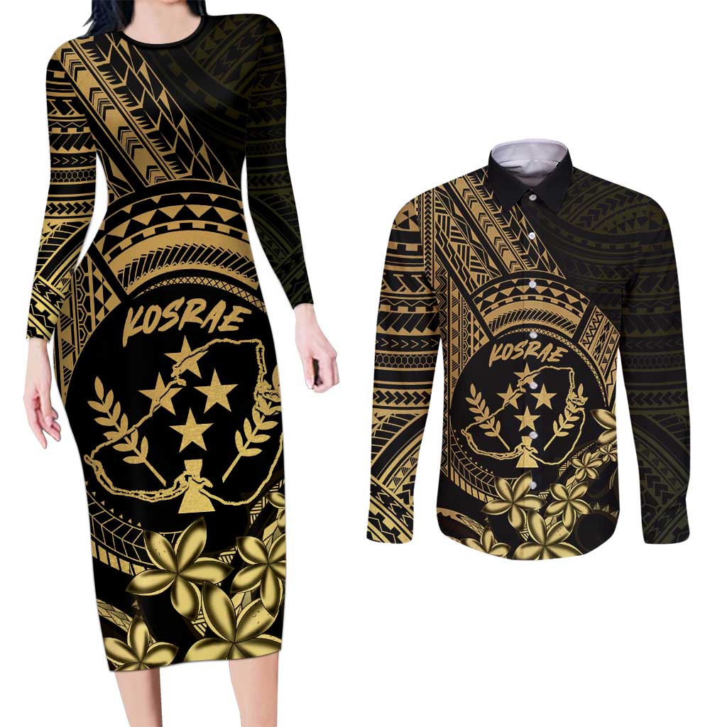 Gold Kosrae Liberation Day Couples Matching Long Sleeve Bodycon Dress and Long Sleeve Button Shirt September 8 Polynesian Tattoo - Polynesian Pride