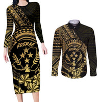 Gold Kosrae Liberation Day Couples Matching Long Sleeve Bodycon Dress and Long Sleeve Button Shirt September 8 Polynesian Tattoo LT14 Gold - Polynesian Pride