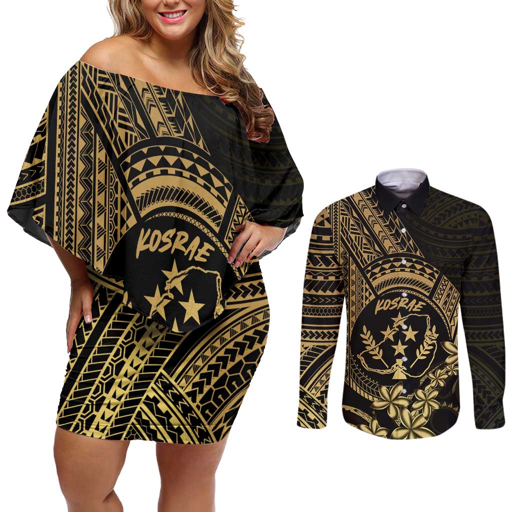 Gold Kosrae Liberation Day Couples Matching Off Shoulder Short Dress and Long Sleeve Button Shirt September 8 Polynesian Tattoo LT14 Gold - Polynesian Pride