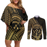 Gold Kosrae Liberation Day Couples Matching Off Shoulder Short Dress and Long Sleeve Button Shirt September 8 Polynesian Tattoo LT14 Gold - Polynesian Pride