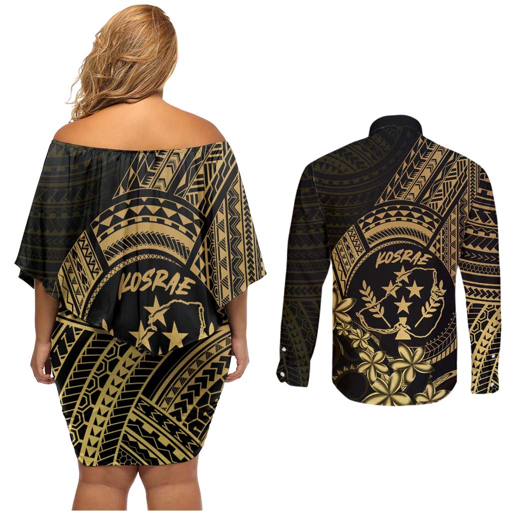 Gold Kosrae Liberation Day Couples Matching Off Shoulder Short Dress and Long Sleeve Button Shirt September 8 Polynesian Tattoo LT14 - Polynesian Pride