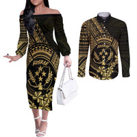 Gold Kosrae Liberation Day Couples Matching Off The Shoulder Long Sleeve Dress and Long Sleeve Button Shirt September 8 Polynesian Tattoo LT14 Gold - Polynesian Pride