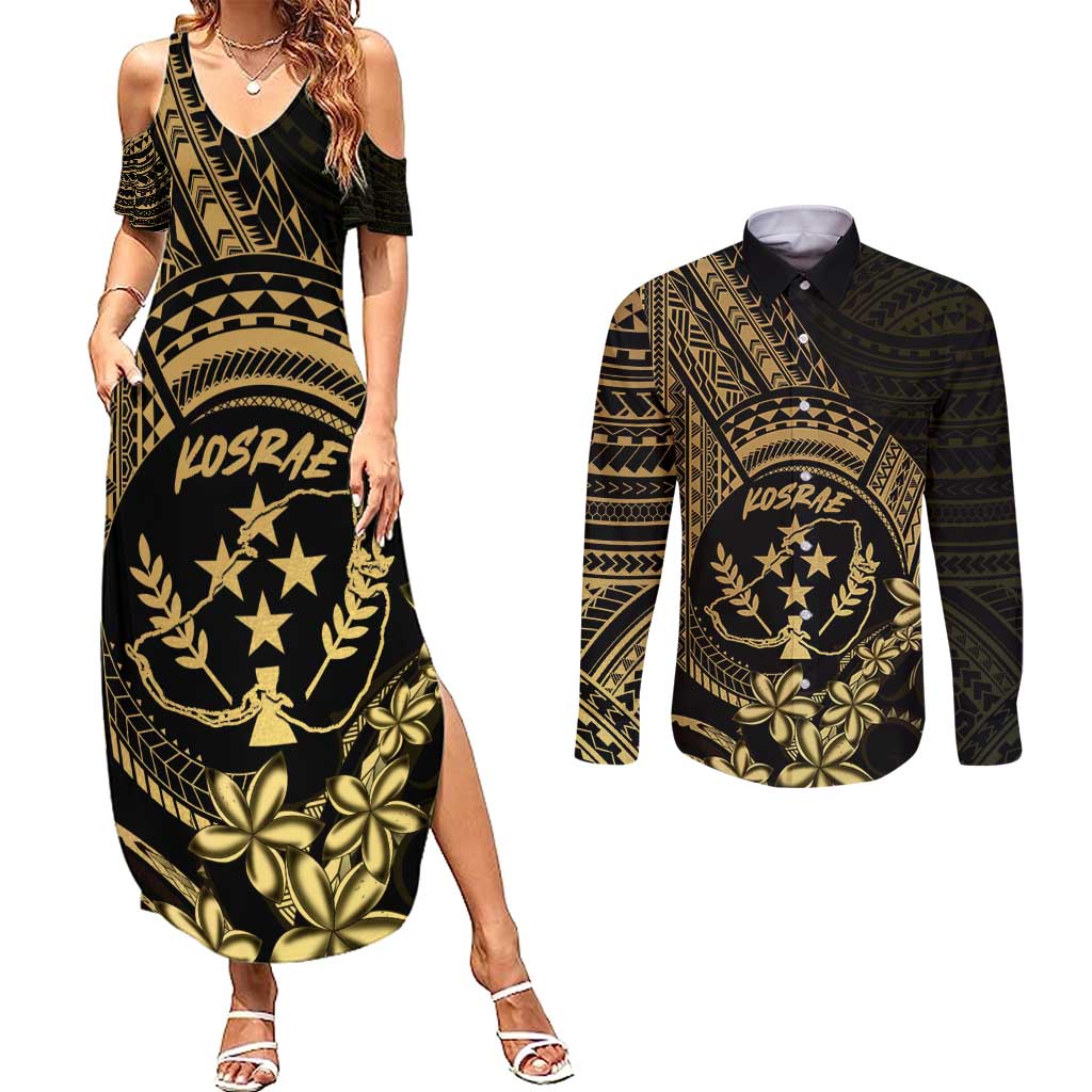 Gold Kosrae Liberation Day Couples Matching Summer Maxi Dress and Long Sleeve Button Shirt September 8 Polynesian Tattoo - Polynesian Pride