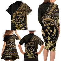 Gold Kosrae Liberation Day Family Matching Long Sleeve Bodycon Dress and Hawaiian Shirt September 8 Polynesian Tattoo - Polynesian Pride