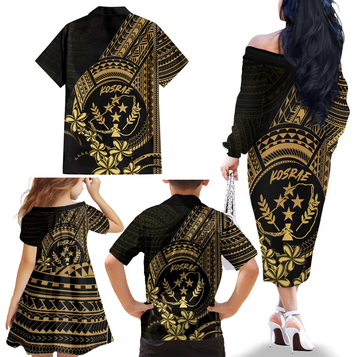 Gold Kosrae Liberation Day Family Matching Off The Shoulder Long Sleeve Dress and Hawaiian Shirt September 8 Polynesian Tattoo - Polynesian Pride
