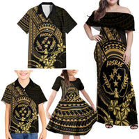Gold Kosrae Liberation Day Family Matching Off Shoulder Maxi Dress and Hawaiian Shirt September 8 Polynesian Tattoo - Polynesian Pride