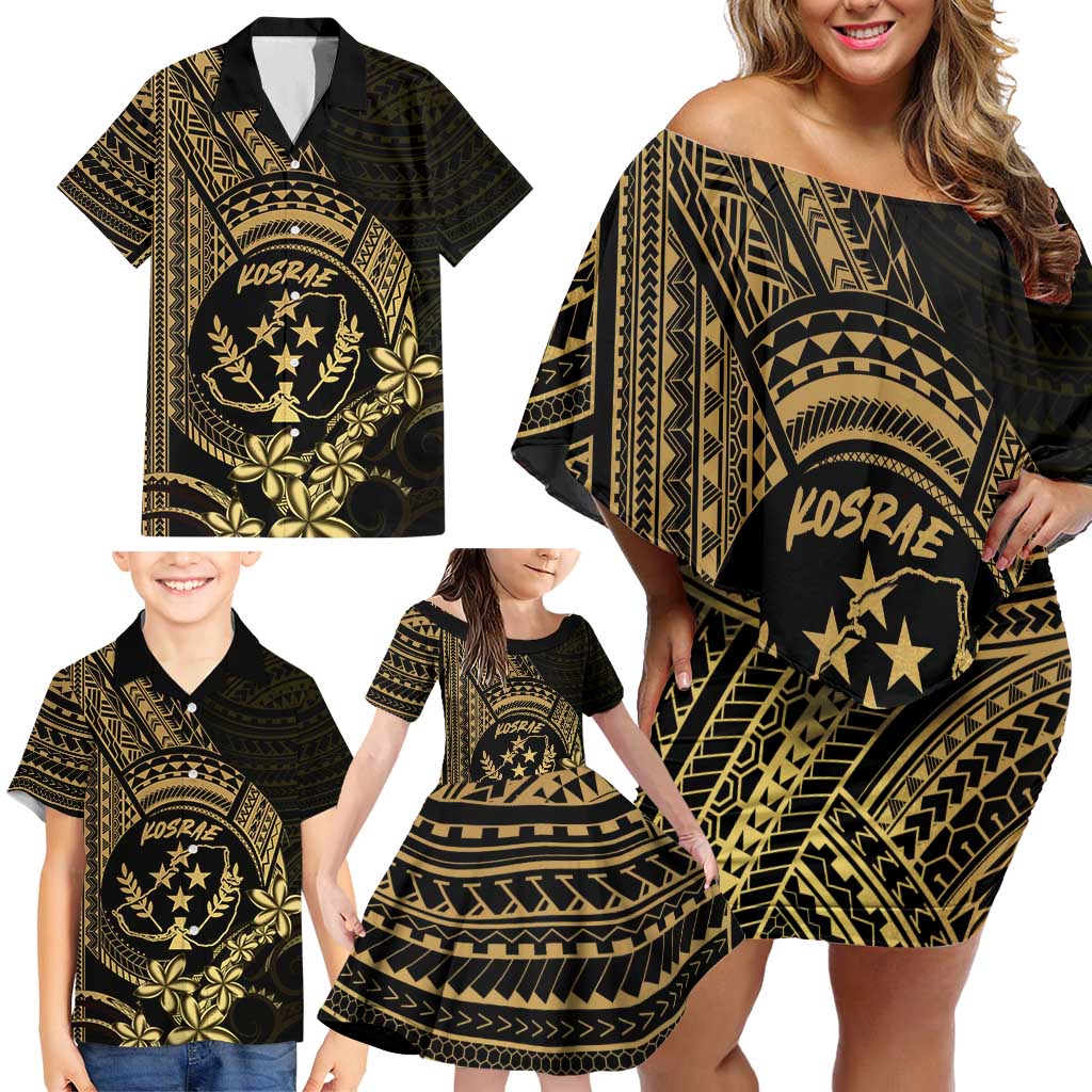 Gold Kosrae Liberation Day Family Matching Off Shoulder Short Dress and Hawaiian Shirt September 8 Polynesian Tattoo - Polynesian Pride