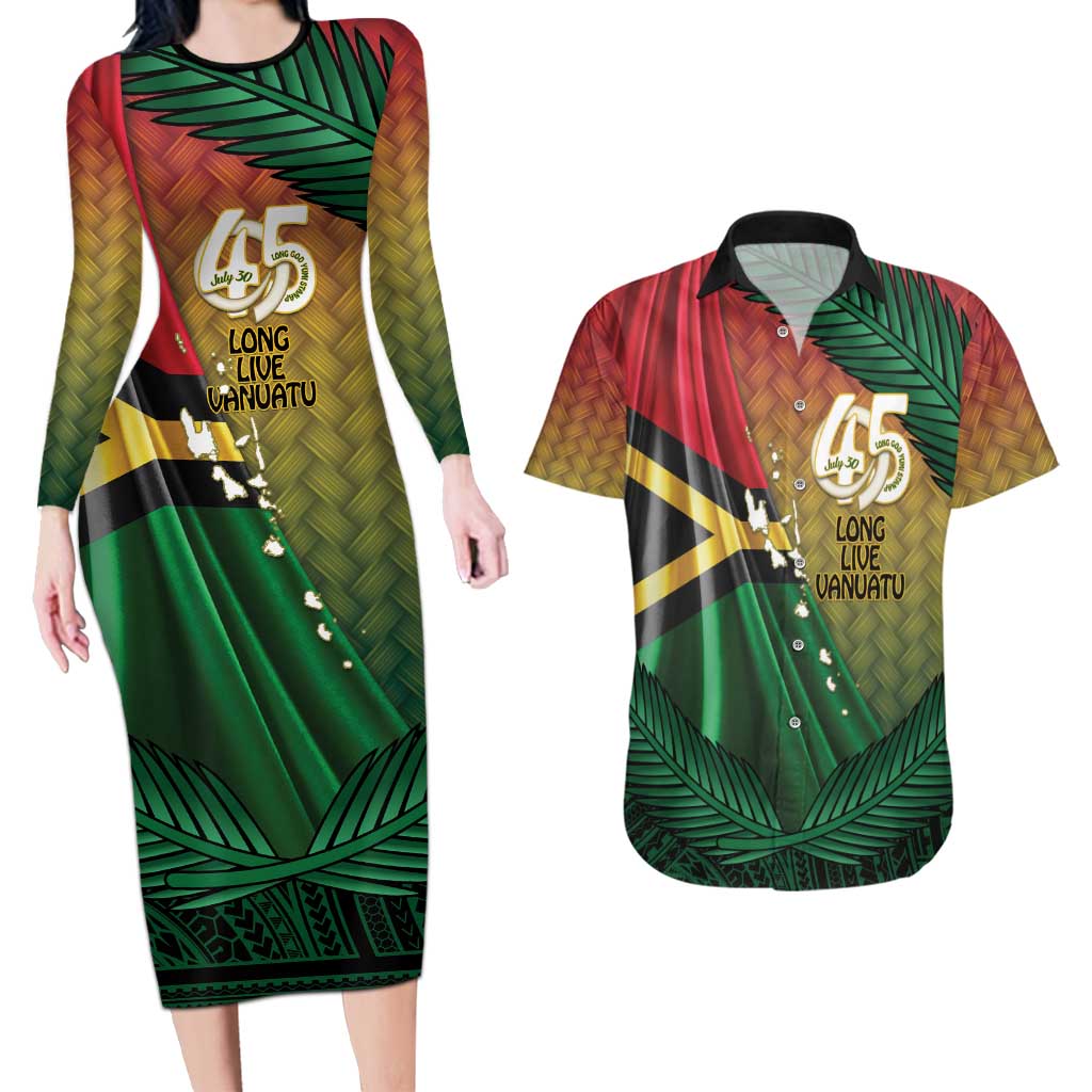 Personalised Long Live Vanuatu Independence Day Couples Matching Long Sleeve Bodycon Dress and Hawaiian Shirt 45th Anniversary Woven Pattern - Polynesian Pride