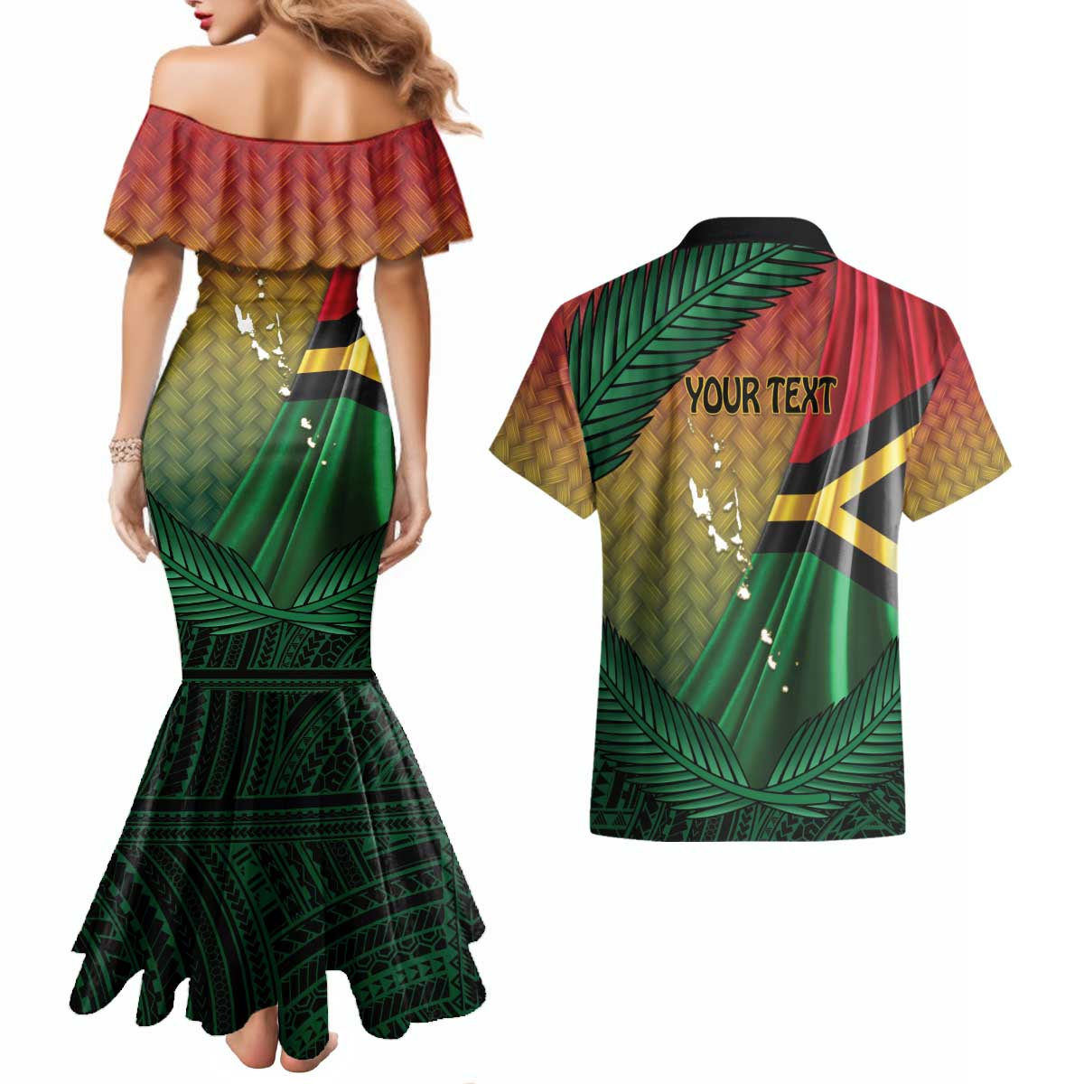 Personalised Long Live Vanuatu Independence Day Couples Matching Mermaid Dress and Hawaiian Shirt 45th Anniversary Woven Pattern - Polynesian Pride