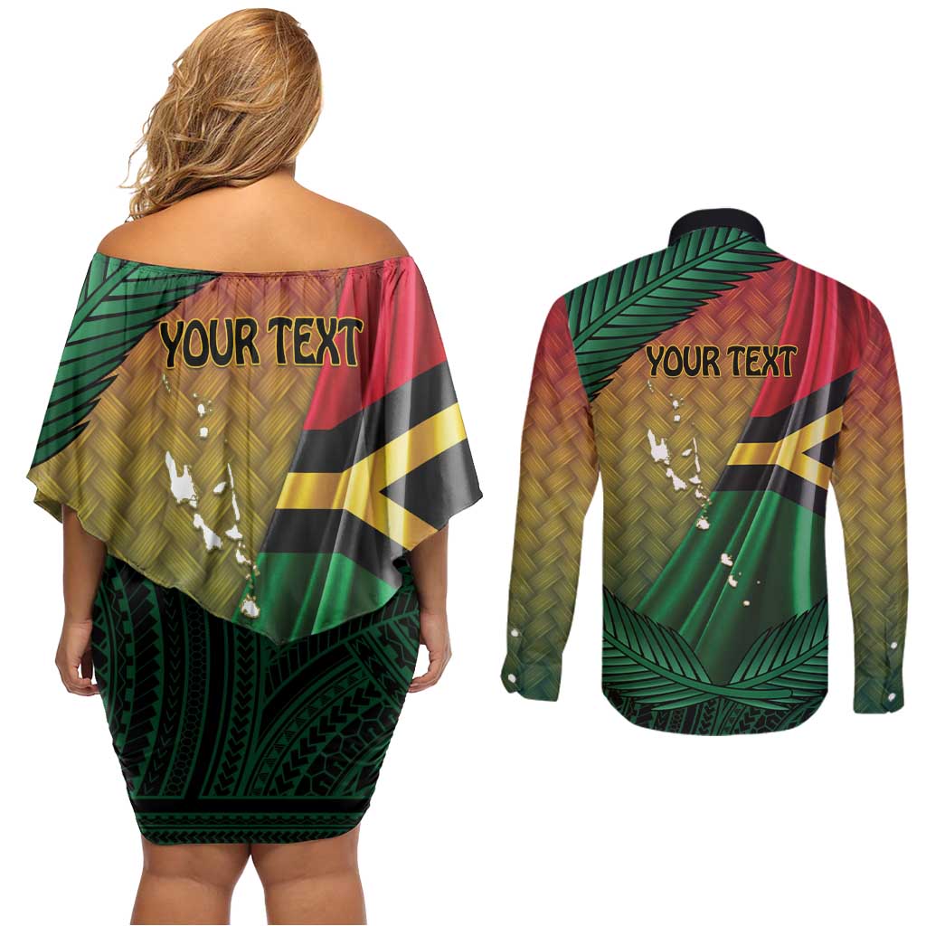 Personalised Long Live Vanuatu Independence Day Couples Matching Off Shoulder Short Dress and Long Sleeve Button Shirt 45th Anniversary Woven Pattern - Polynesian Pride