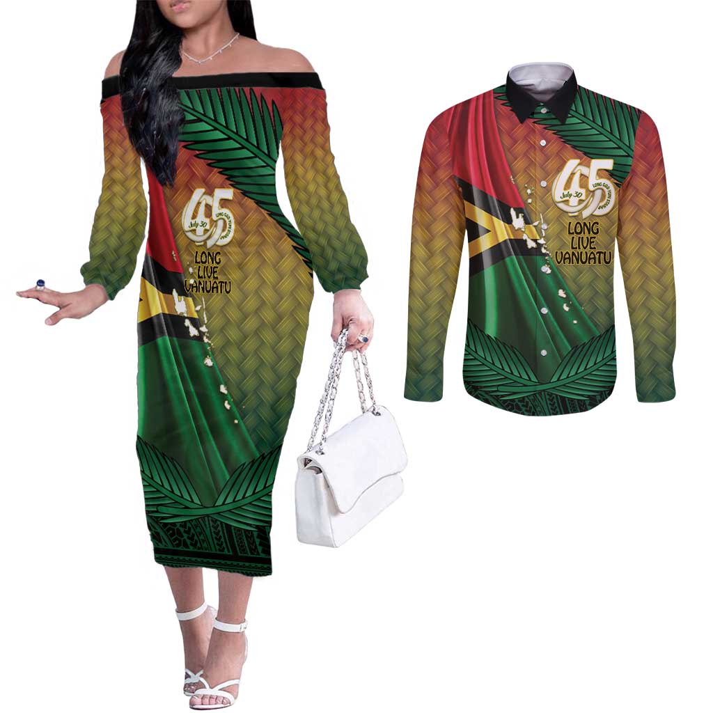 Personalised Long Live Vanuatu Independence Day Couples Matching Off The Shoulder Long Sleeve Dress and Long Sleeve Button Shirt 45th Anniversary Woven Pattern - Polynesian Pride