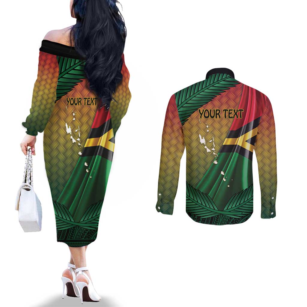 Personalised Long Live Vanuatu Independence Day Couples Matching Off The Shoulder Long Sleeve Dress and Long Sleeve Button Shirt 45th Anniversary Woven Pattern - Polynesian Pride