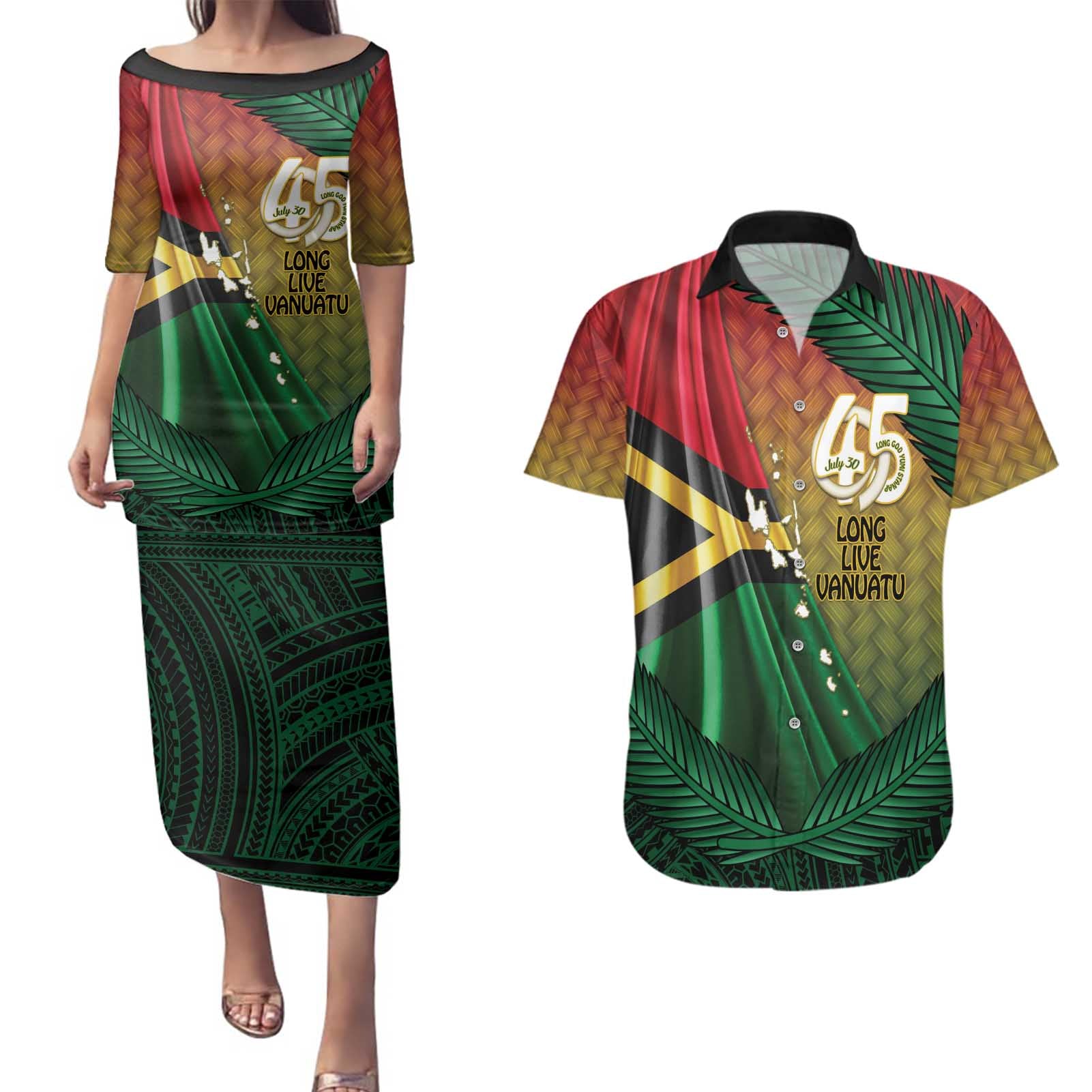 Personalised Long Live Vanuatu Independence Day Couples Matching Puletasi and Hawaiian Shirt 45th Anniversary Woven Pattern - Polynesian Pride