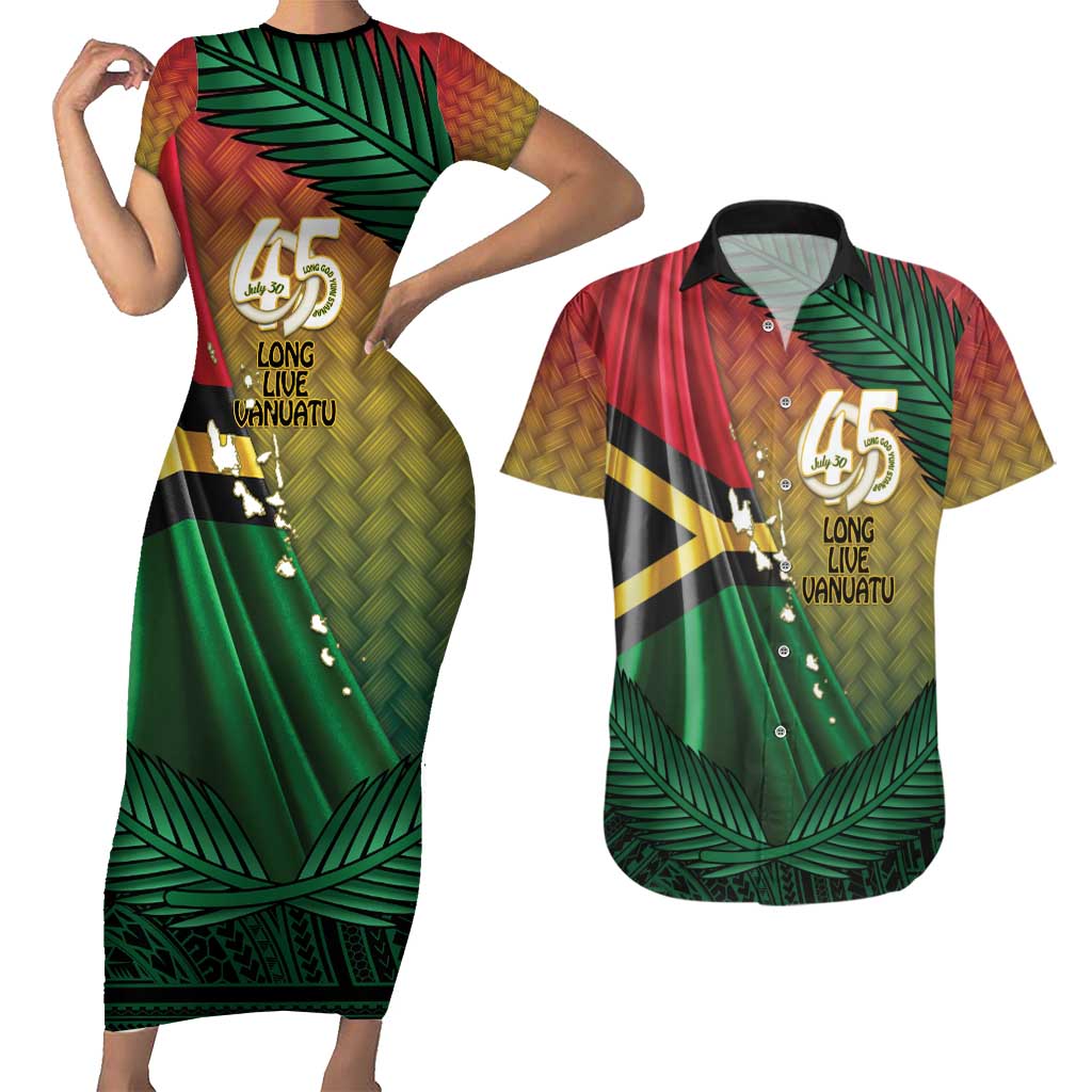 Personalised Long Live Vanuatu Independence Day Couples Matching Short Sleeve Bodycon Dress and Hawaiian Shirt 45th Anniversary Woven Pattern - Polynesian Pride