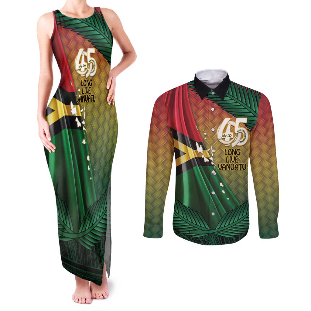 Personalised Long Live Vanuatu Independence Day Couples Matching Tank Maxi Dress and Long Sleeve Button Shirt 45th Anniversary Woven Pattern - Polynesian Pride