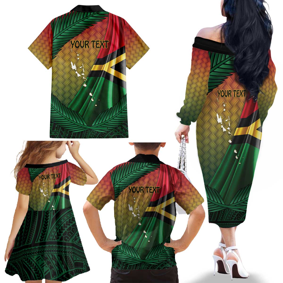 Personalised Long Live Vanuatu Independence Day Family Matching Off The Shoulder Long Sleeve Dress and Hawaiian Shirt 45th Anniversary Woven Pattern - Polynesian Pride
