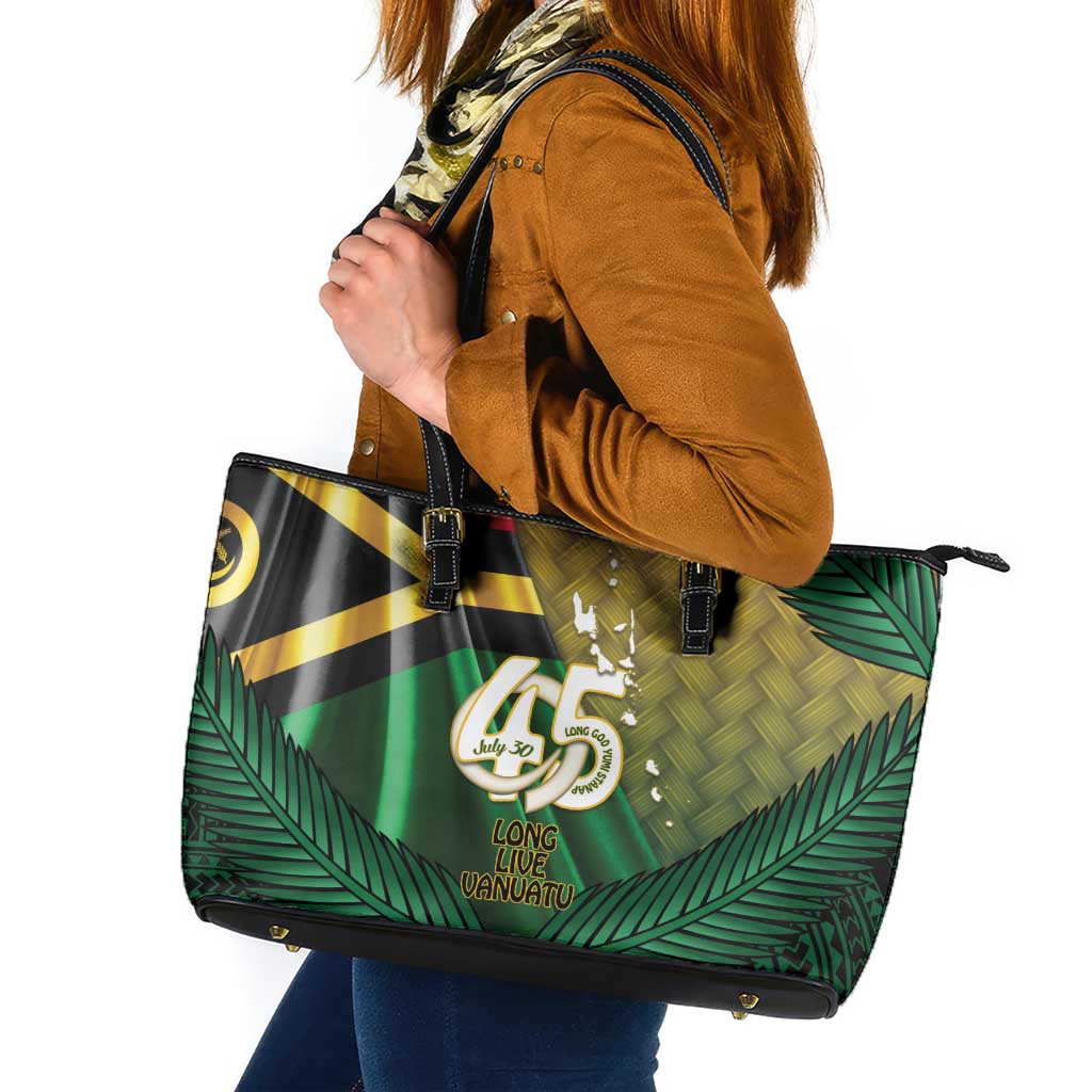 Long Live Vanuatu Independence Day Leather Tote Bag 45th Anniversary Woven Pattern - Polynesian Pride