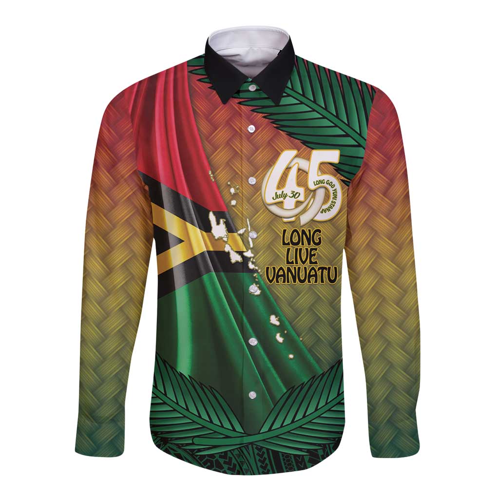 Personalised Long Live Vanuatu Independence Day Long Sleeve Button Shirt 45th Anniversary Woven Pattern - Polynesian Pride