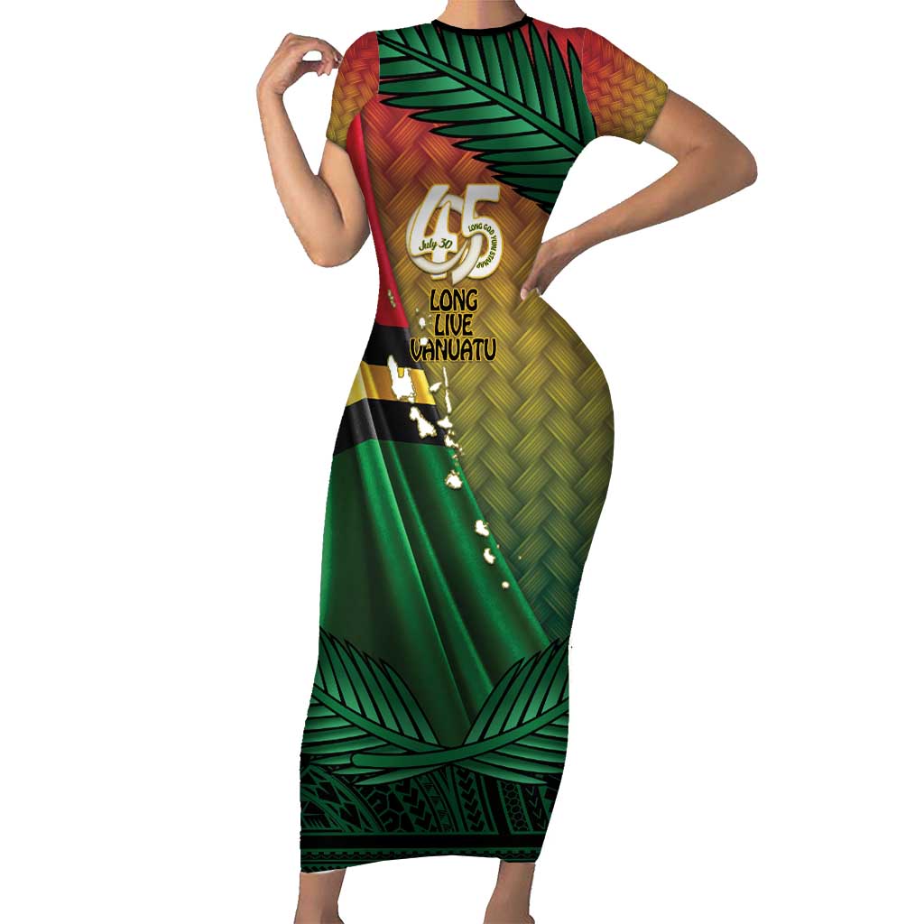 Personalised Long Live Vanuatu Independence Day Short Sleeve Bodycon Dress 45th Anniversary Woven Pattern - Polynesian Pride