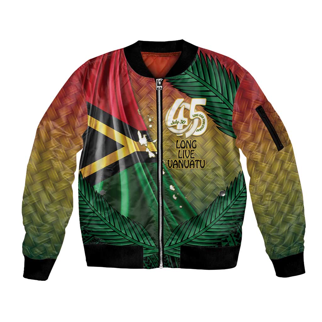 Personalised Long Live Vanuatu Independence Day Sleeve Zip Bomber Jacket 45th Anniversary Woven Pattern - Polynesian Pride