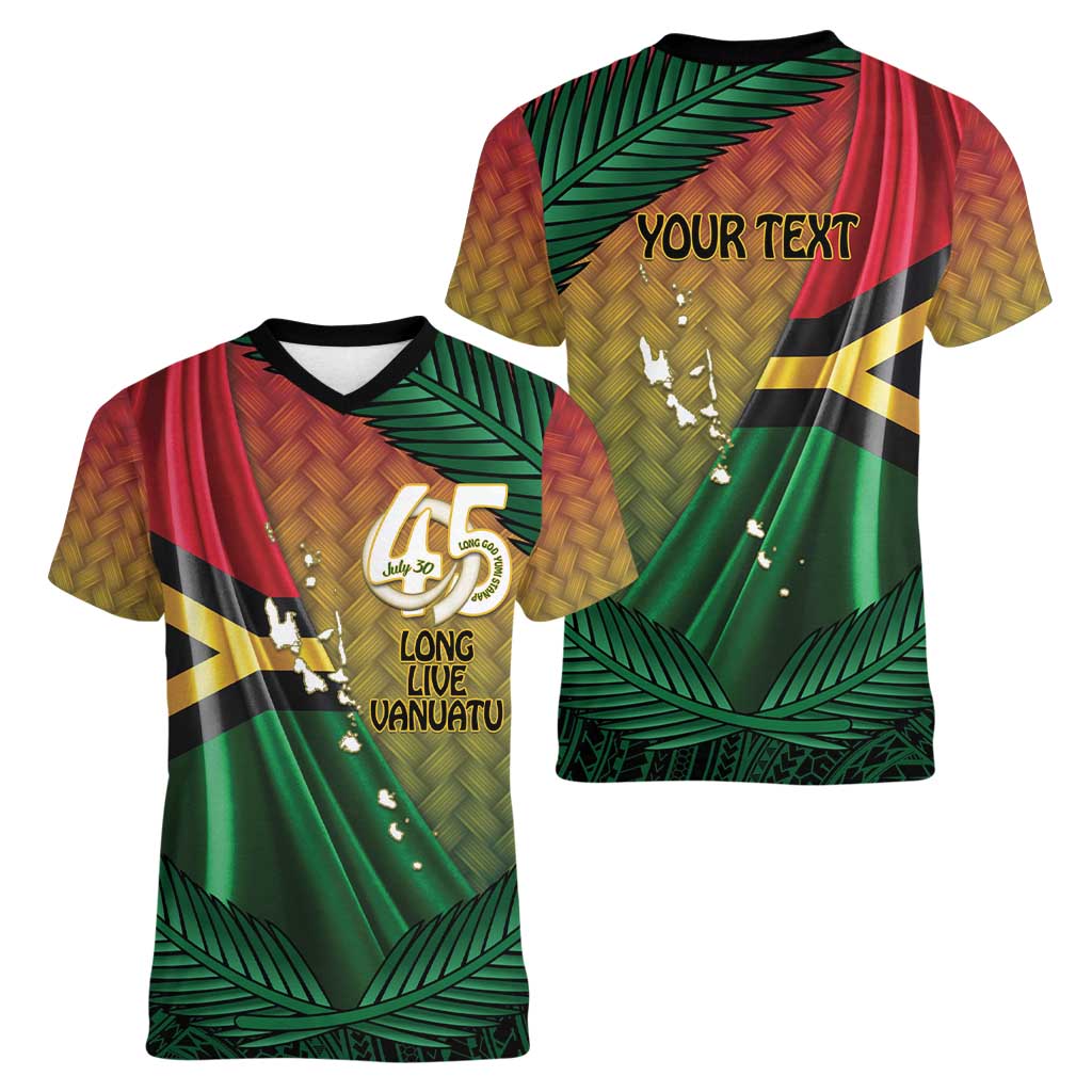 Personalised Long Live Vanuatu Independence Day Women V-Neck T-Shirt 45th Anniversary Woven Pattern - Polynesian Pride