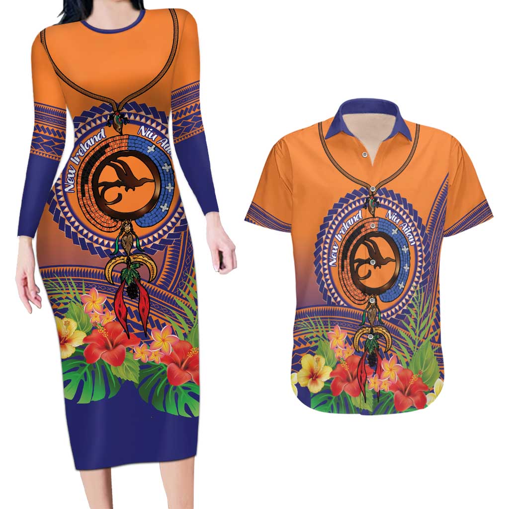 PNG New Ireland Province Couples Matching Long Sleeve Bodycon Dress and Hawaiian Shirt Niu Ailan Necklace Polynesian Tattoo - Polynesian Pride