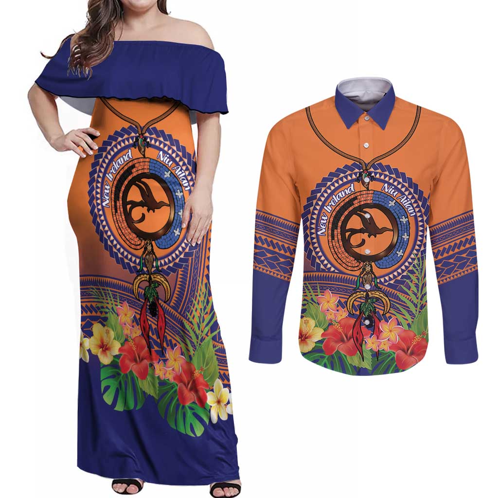 PNG New Ireland Province Couples Matching Off Shoulder Maxi Dress and Long Sleeve Button Shirt Niu Ailan Necklace Polynesian Tattoo - Polynesian Pride