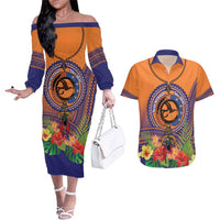 PNG New Ireland Province Couples Matching Off The Shoulder Long Sleeve Dress and Hawaiian Shirt Niu Ailan Necklace Polynesian Tattoo - Polynesian Pride