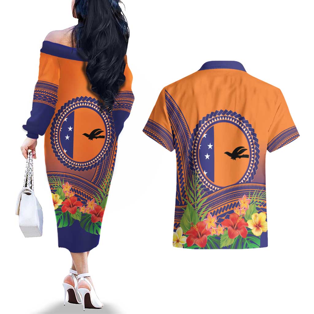 PNG New Ireland Province Couples Matching Off The Shoulder Long Sleeve Dress and Hawaiian Shirt Niu Ailan Necklace Polynesian Tattoo - Polynesian Pride