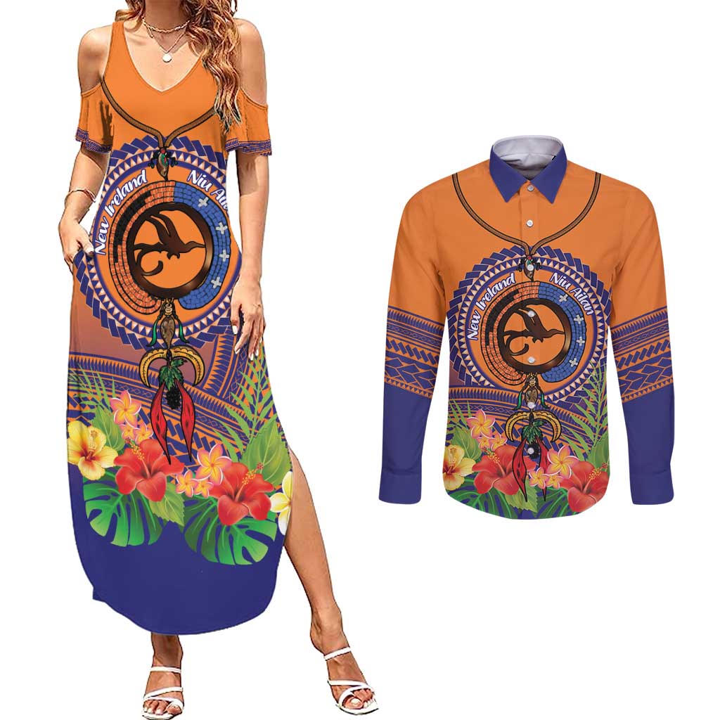 PNG New Ireland Province Couples Matching Summer Maxi Dress and Long Sleeve Button Shirt Niu Ailan Necklace Polynesian Tattoo - Polynesian Pride