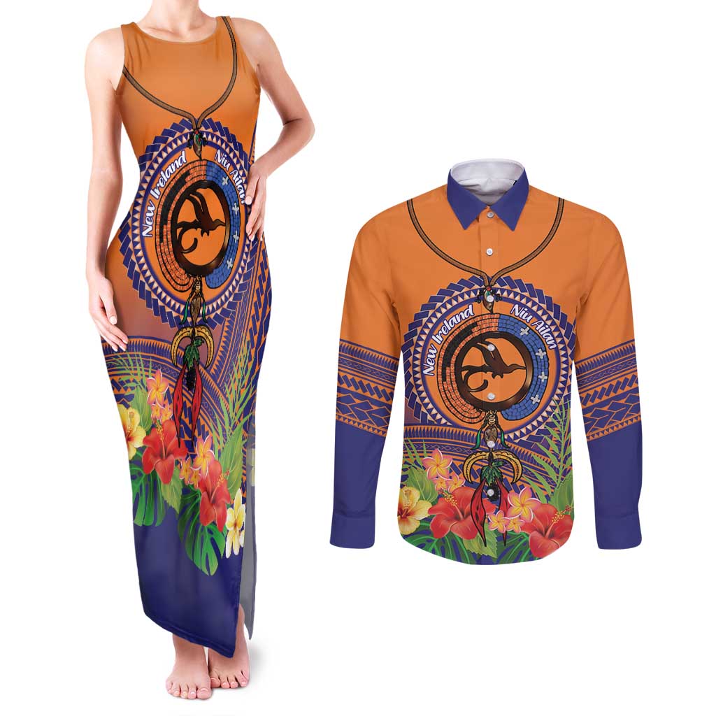 PNG New Ireland Province Couples Matching Tank Maxi Dress and Long Sleeve Button Shirt Niu Ailan Necklace Polynesian Tattoo - Polynesian Pride