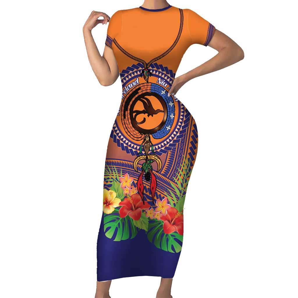 PNG New Ireland Province Short Sleeve Bodycon Dress Niu Ailan Necklace Polynesian Tattoo - Polynesian Pride