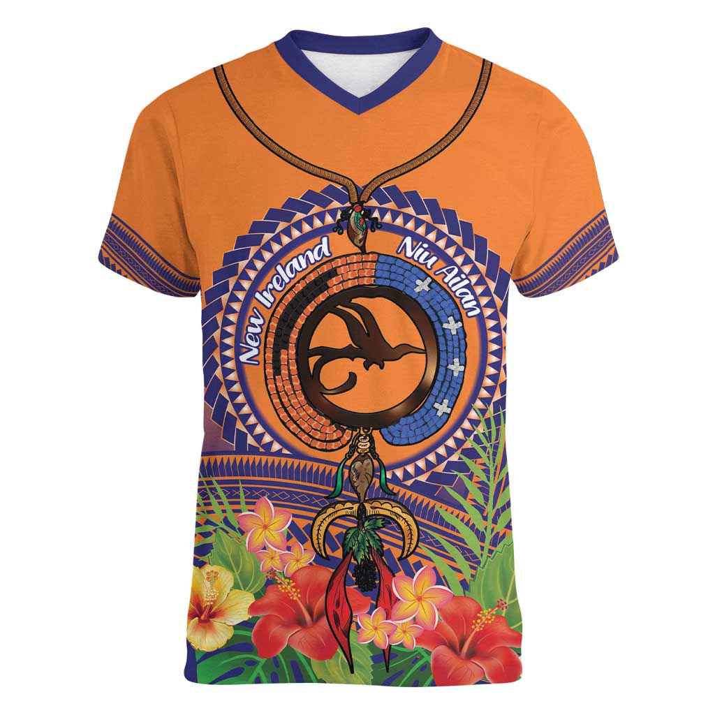 PNG New Ireland Province Women V-Neck T-Shirt Niu Ailan Necklace Polynesian Tattoo - Polynesian Pride