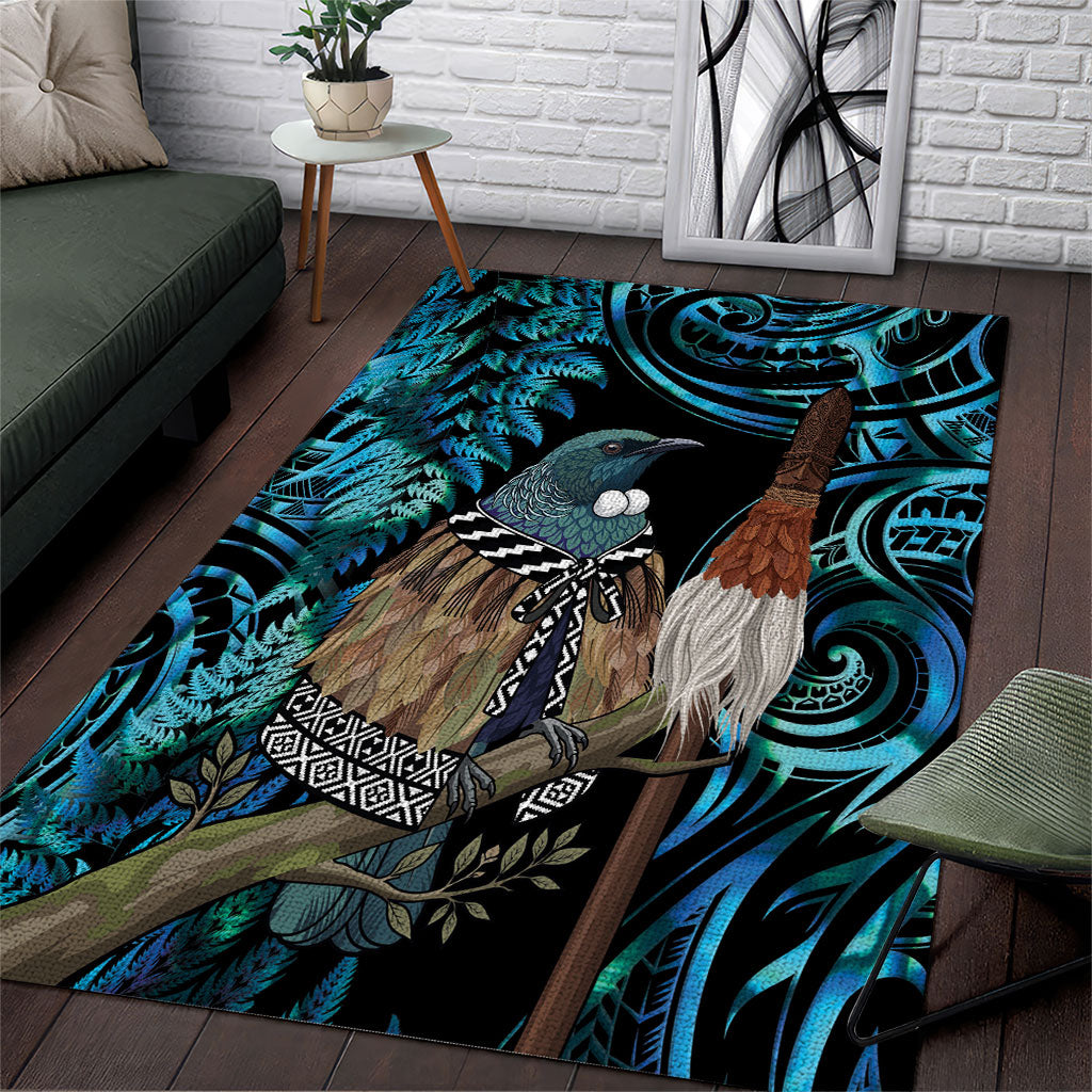 New Zealand Tui Bird Taiaha Area Rug Maori Weapon Paua Shell Mix Silver Fern LT14 Turquoise - Polynesian Pride