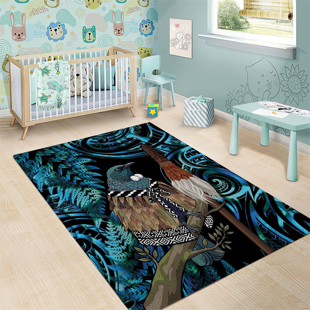 New Zealand Tui Bird Taiaha Area Rug Maori Weapon Paua Shell Mix Silver Fern