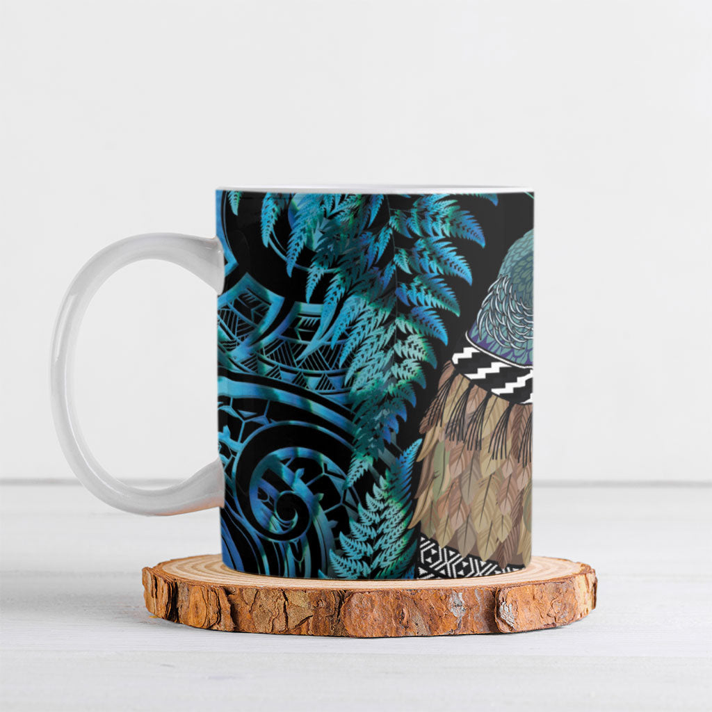 New Zealand Tui Bird Taiaha Ceramic Mug Maori Weapon Paua Shell Mix Silver Fern LT14 Turquoise - Polynesian Pride
